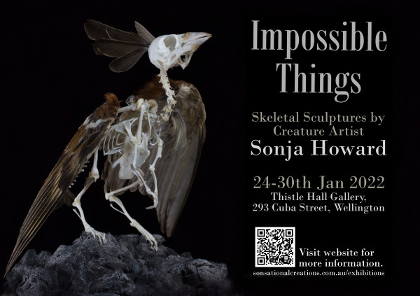 Impossible Things poster including one of the bird skeletons with wings